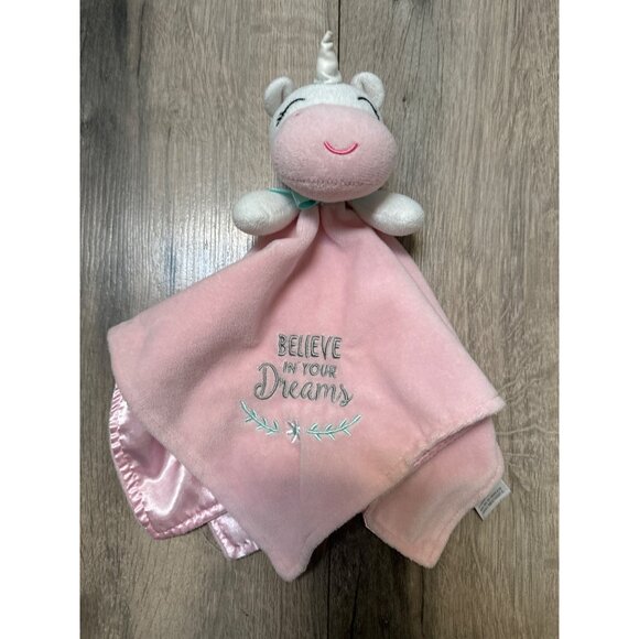 Baby Starters Pink Unicorn Security Blanket Believe in your Dreams Pink Satin - Picture 1 of 8